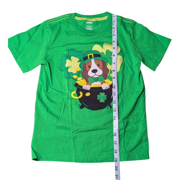 GYMBOREE-Kids-Green Shirt-Size 7- Dog in Pot of Gold and Shamrock-St Patty's Day - Picture 2 of 7